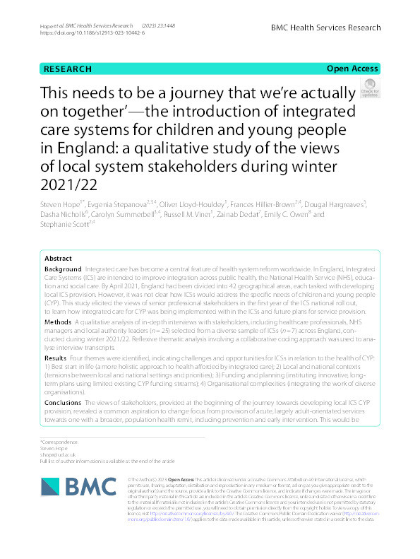 This needs to be a journey that we’re actually on together’—the introduction of integrated care systems for children and young people in England: a qualitative study of the views of local system stakeholders during winter 2021/22 Thumbnail