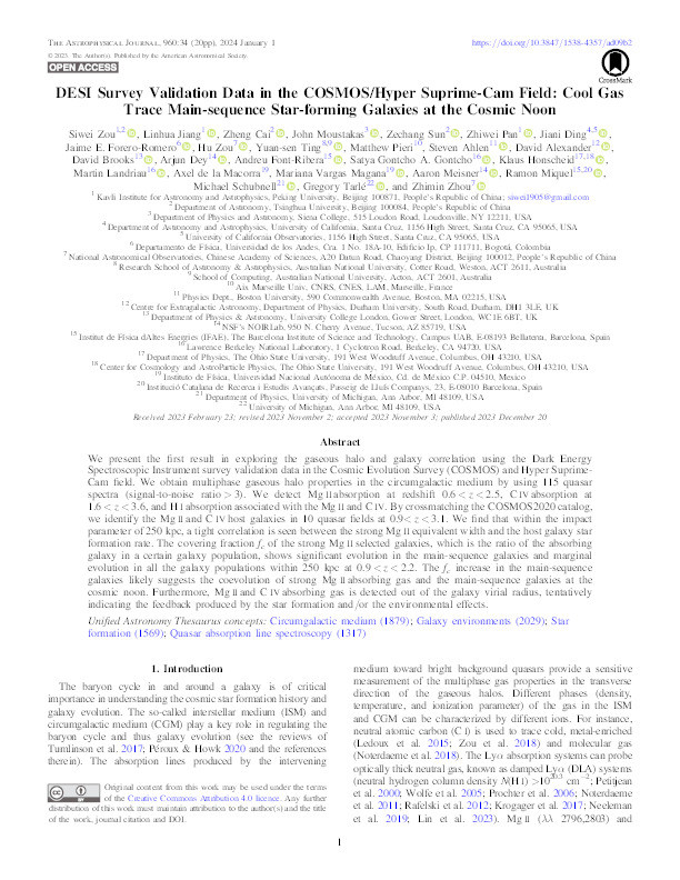 DESI Survey Validation Data in the COSMOS/Hyper Suprime-Cam Field: Cool Gas Trace Main-sequence Star-forming Galaxies at the Cosmic Noon Thumbnail