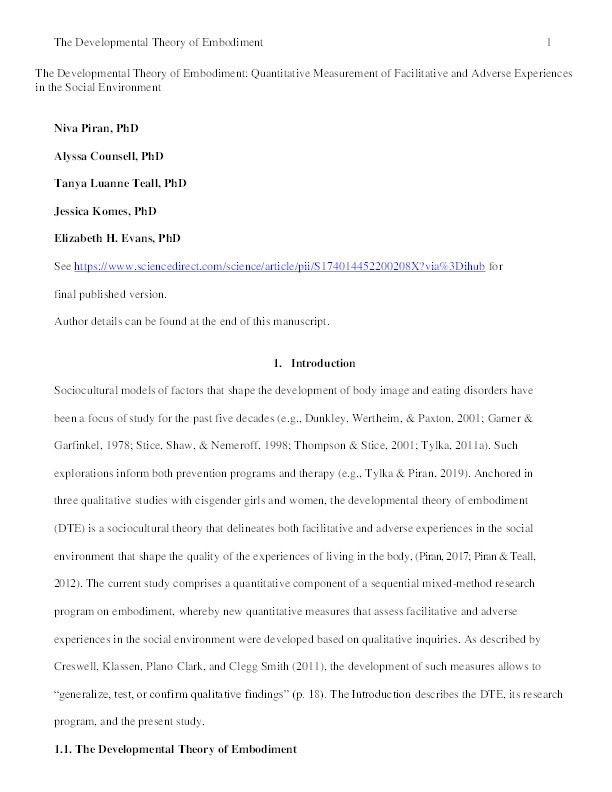 The developmental theory of embodiment: Quantitative measurement of facilitative and adverse experiences in the social environment Thumbnail