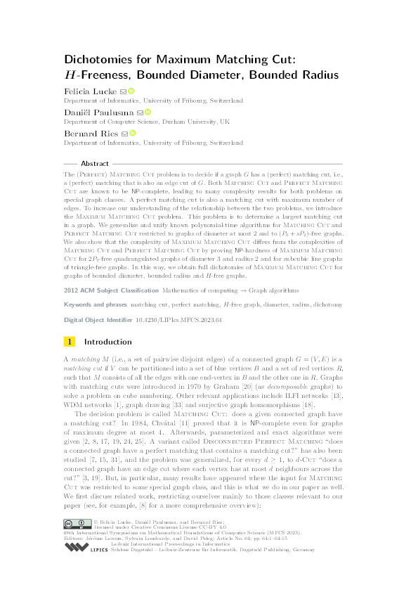 Dichotomies for Maximum Matching Cut: H-Freeness, Bounded Diameter, Bounded Radius Thumbnail