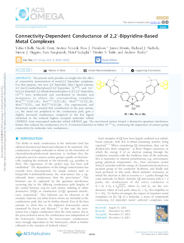 Connectivity-Dependent Conductance of 2,2′-Bipyridine-Based Metal Complexes Thumbnail