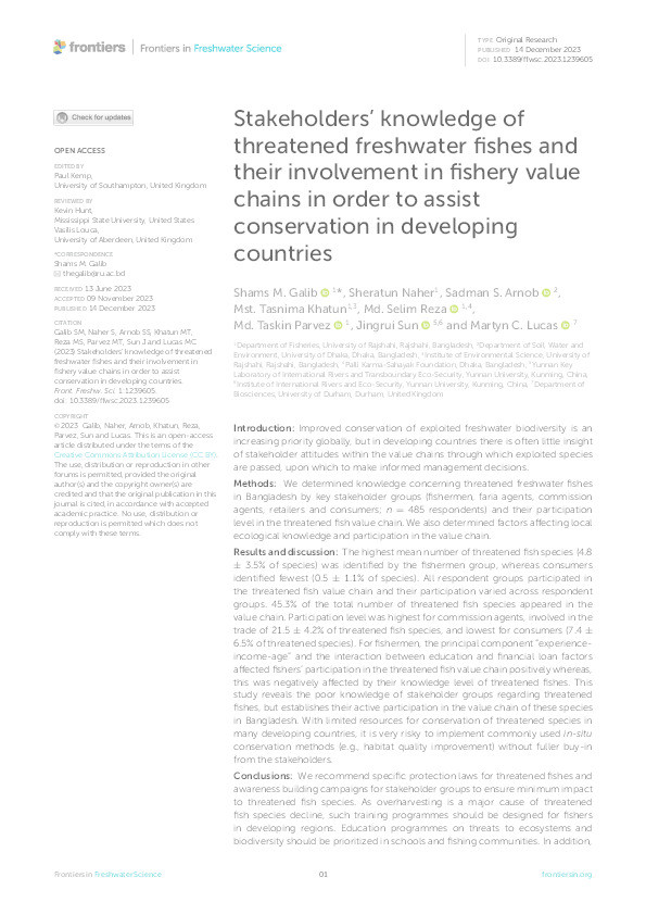 Stakeholders' knowledge of threatened freshwater fishes and their involvement in fishery value chains in order to assist conservation in developing countries Thumbnail