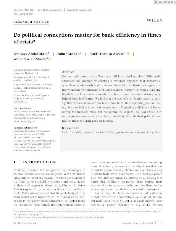 Do political connections matter for bank efficiency in times of crisis? Thumbnail