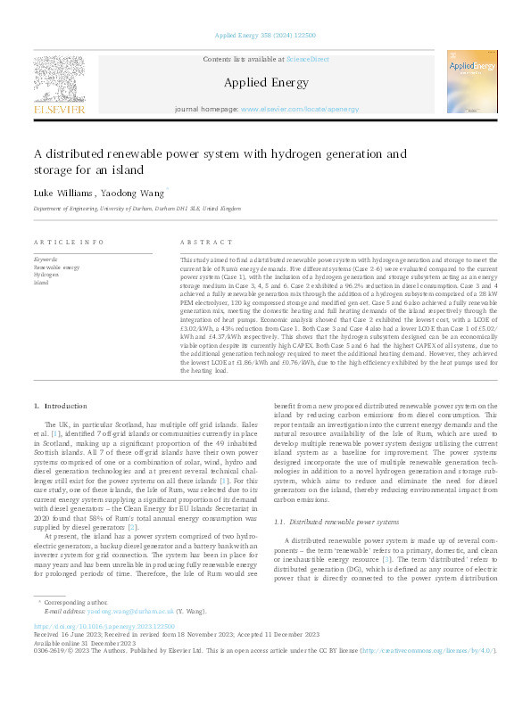 A distributed renewable power system with hydrogen generation and storage for an island Thumbnail