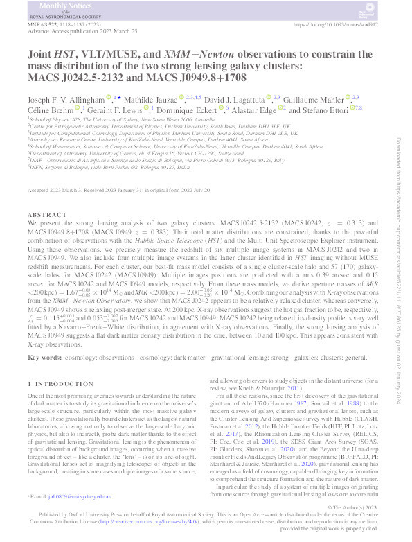 Joint HST, VLT/MUSE, and XMM−Newton observations to constrain the mass distribution of the two strong lensing galaxy clusters: MACS J0242.5-2132 and MACS J0949.8+1708 Thumbnail