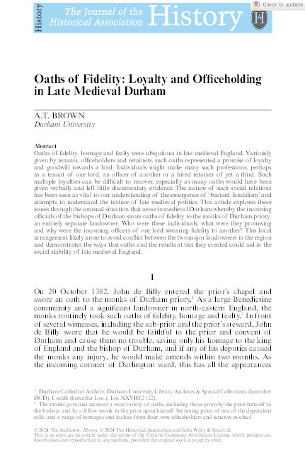Oaths of Fidelity: Loyalty and Officeholding in Late Medieval Durham Thumbnail