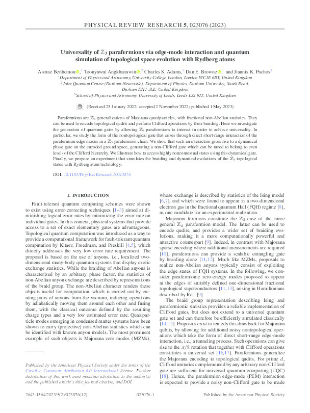 Universality of Z3 parafermions via edge-mode interaction and quantum simulation of topological space evolution with Rydberg atoms Thumbnail