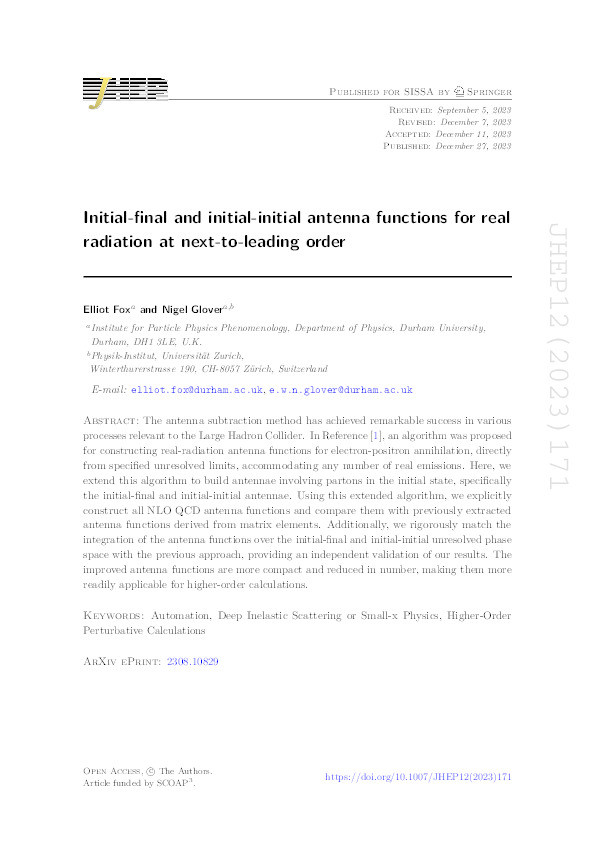 Initial-final and initial-initial antenna functions for real radiation at next-to-leading order Thumbnail