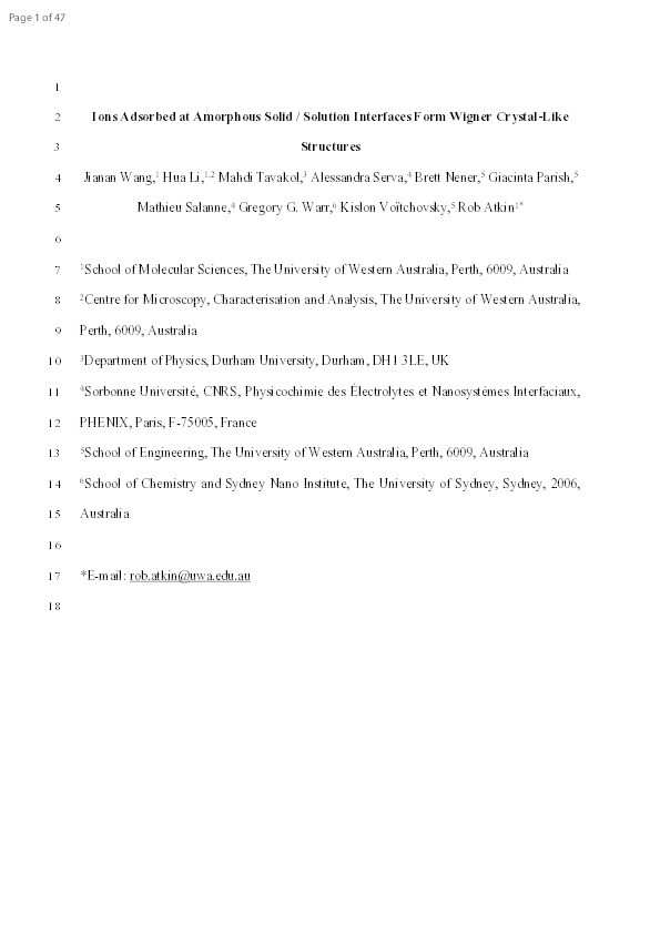 Ions Adsorbed at Amorphous Solid/Solution Interfaces Form Wigner Crystal-like Structures. Thumbnail