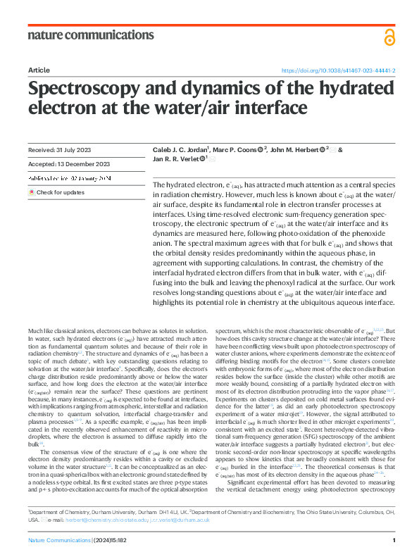 Spectroscopy and dynamics of the hydrated electron at the water/air interface Thumbnail