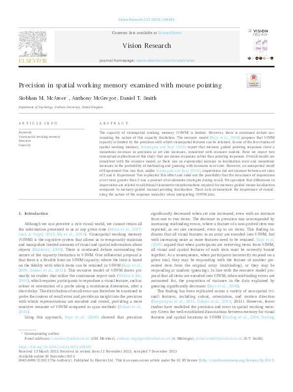 Precision in spatial working memory examined with mouse pointing Thumbnail