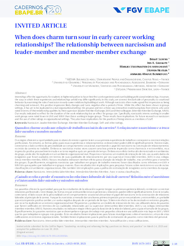 When does charm turn sour in early career working relationships? The relationship between narcissism and Leader-Member and Member-Member Exchange Thumbnail