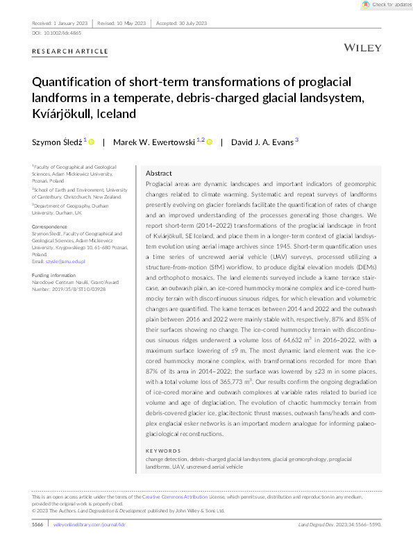 Quantification of short‐term transformations of proglacial landforms in a temperate, debris‐charged glacial landsystem, Kvíárjökull, Iceland Thumbnail
