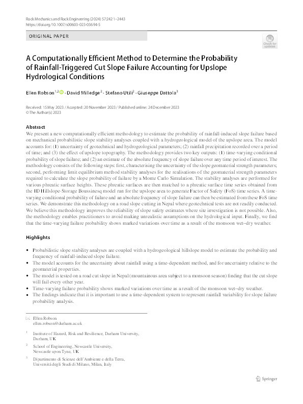 A Computationally Efficient Method to Determine the Probability of Rainfall-Triggered Cut Slope Failure Accounting for Upslope Hydrological Conditions Thumbnail