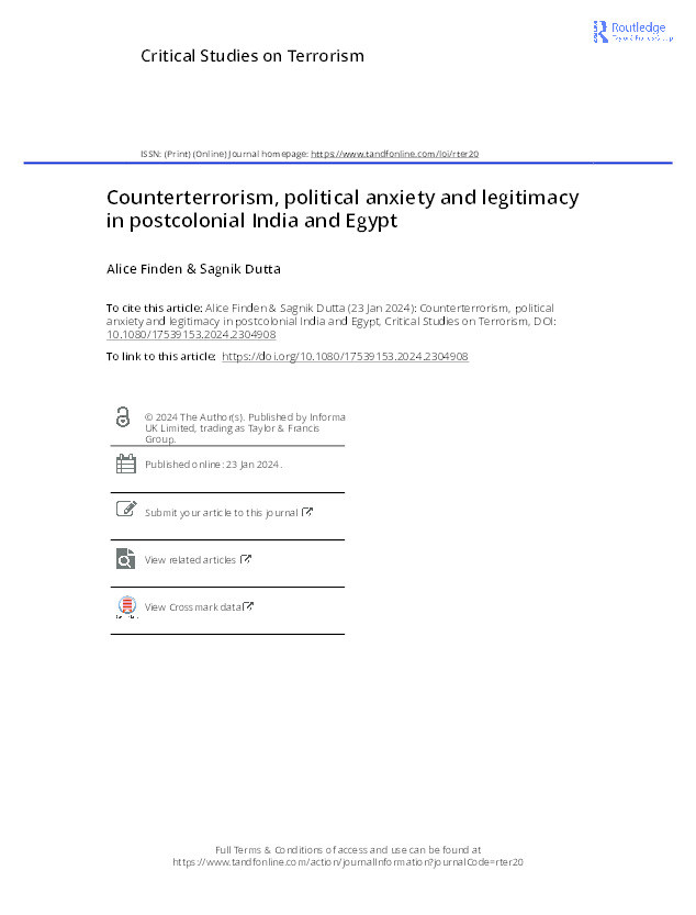 Counterterrorism, political anxiety and legitimacy in postcolonial India and Egypt Thumbnail