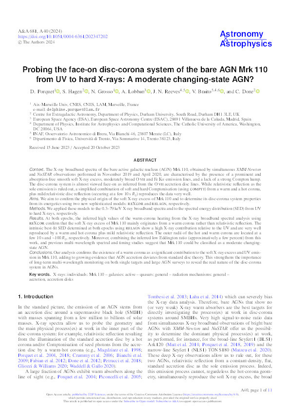 Probing the face-on disc-corona system of the bare AGN Mrk 110 from UV to hard X-rays: A moderate changing-state AGN? Thumbnail