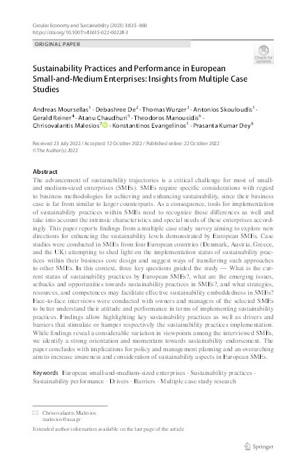 Sustainability Practices and Performance in European Small-and-Medium Enterprises: Insights from Multiple Case Studies Thumbnail