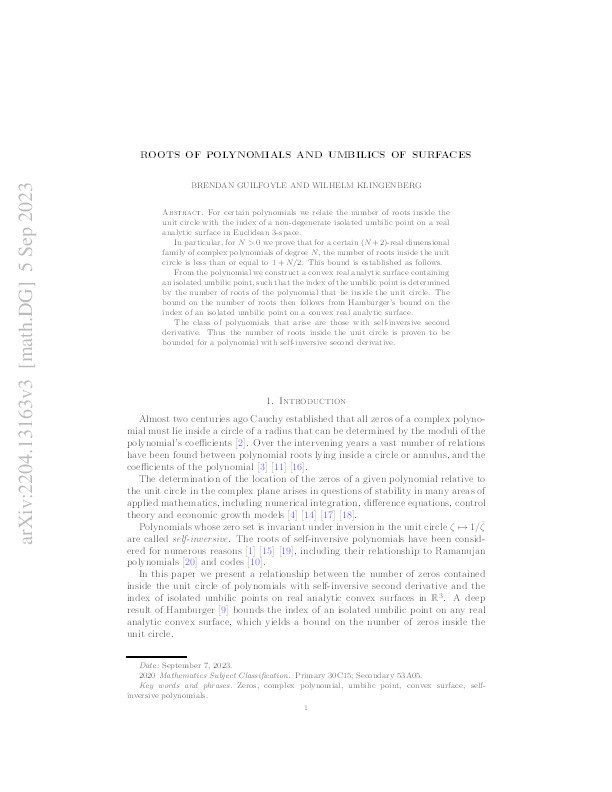 Roots of Polynomials and Umbilics of Surfaces Thumbnail