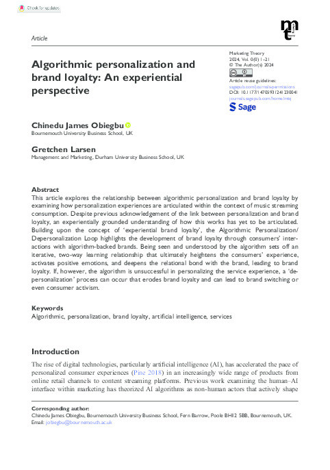Algorithmic personalization and brand loyalty: An experiential perspective Thumbnail