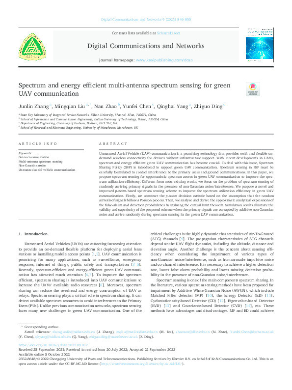 Spectrum and energy efficient multi-antenna spectrum sensing for green UAV communication Thumbnail