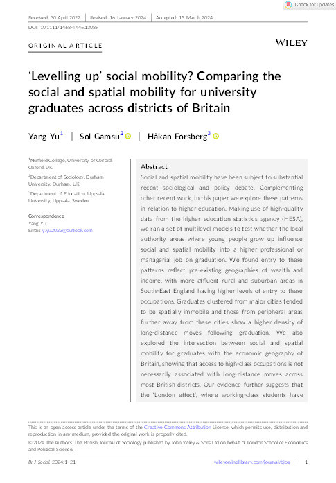 ‘Levelling up’ social mobility? Comparing the social and spatial mobility for university graduates across districts of Britain Thumbnail