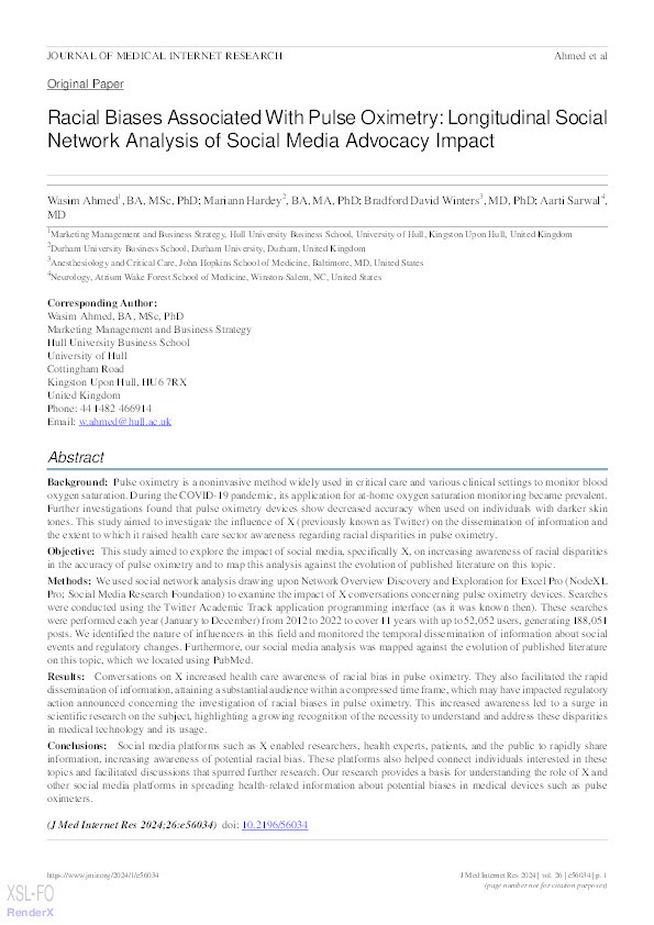 Racial Biases Associated with Pulse Oximetry: Longitudinal Social Network Analysis of Social Media Advocacy Impact Thumbnail