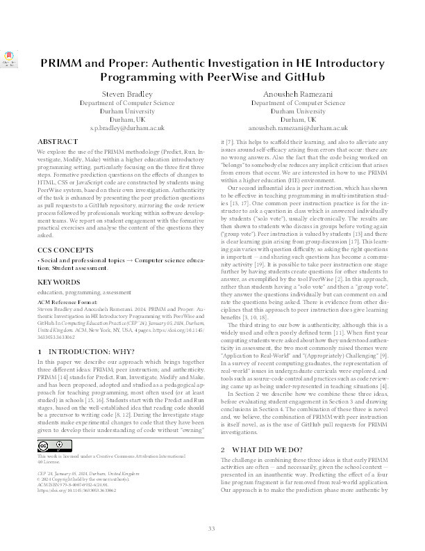 PRIMM and Proper: Authentic Investigation in HE Introductory Programming with PeerWise and GitHub Thumbnail