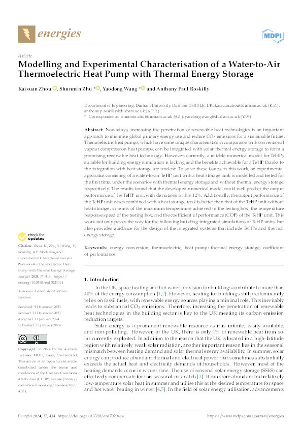 Modelling and Experimental Characterisation of a Water-to-Air Thermoelectric Heat Pump with Thermal Energy Storage Thumbnail