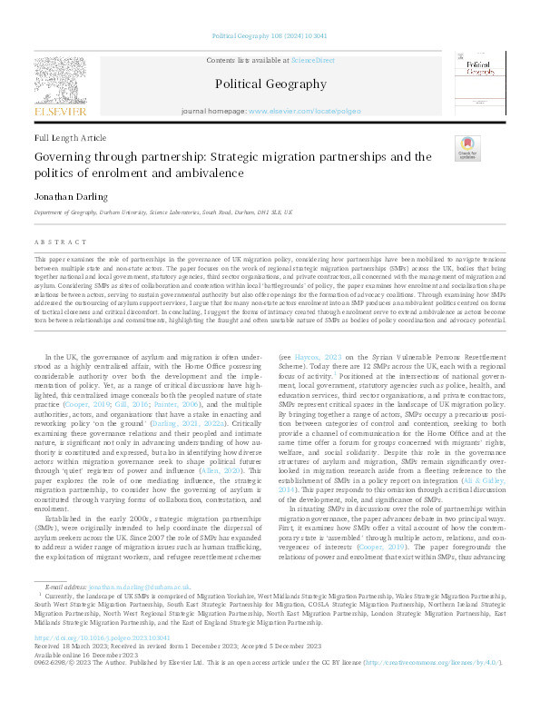 Governing through partnership: Strategic migration partnerships and the politics of enrolment and ambivalence Thumbnail