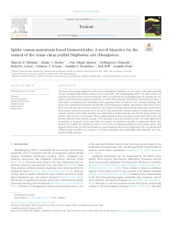 Spider venom neurotoxin based bioinsecticides: A novel bioactive for the control of the Asian citrus psyllid Diaphorina citri (Hemiptera) Thumbnail