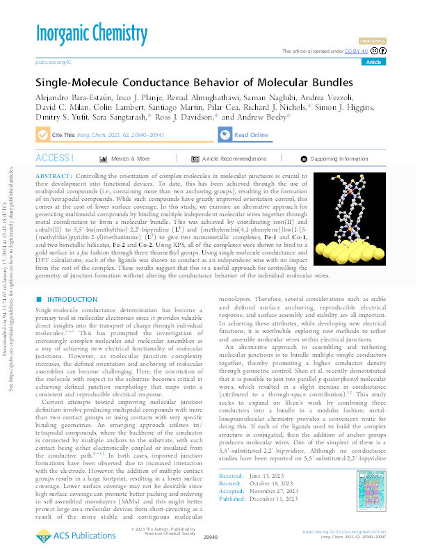 Single-Molecule Conductance Behavior of Molecular Bundles Thumbnail