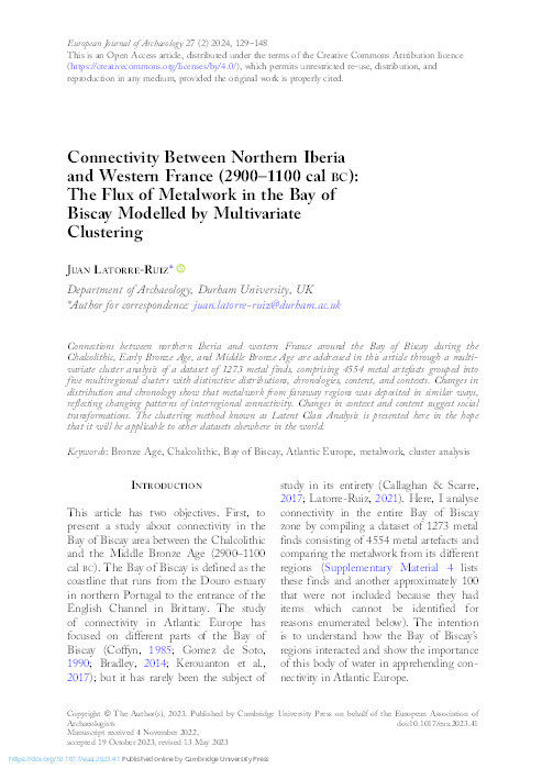 Connectivity Between Northern Iberia and Western France (2900–1100 cal bc): The Flux of Metalwork in the Bay of Biscay Modelled by Multivariate Clustering Thumbnail