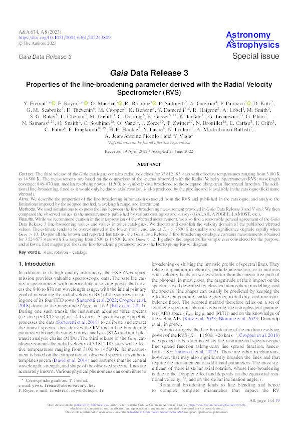 GaiaData Release 3: Properties of the line-broadening parameter derived with the Radial Velocity Spectrometer (RVS) Thumbnail