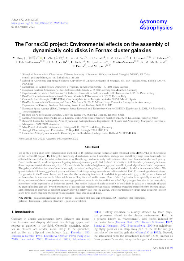 The Fornax3D project: Environmental effects on the assembly of dynamically cold disks in Fornax cluster galaxies Thumbnail
