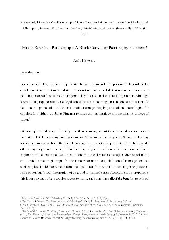 Mixed-Sex Civil Partnerships: A Blank Canvas or Painting by Numbers? Thumbnail