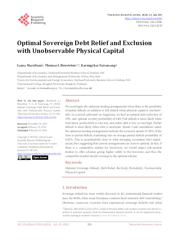 Optimal Sovereign Debt Relief and Exclusion with Unobservable Physical Capital Thumbnail
