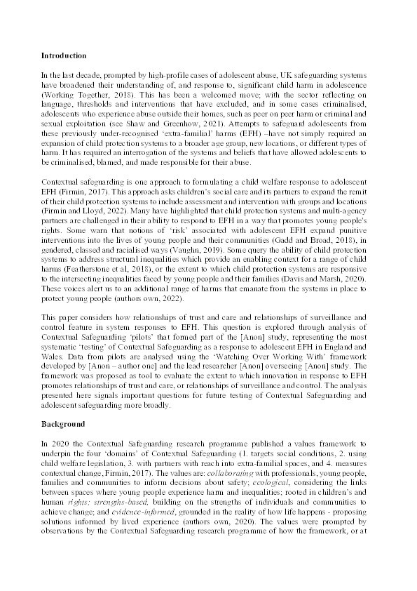 Relationship of trust and surveillance in the first national piloting of Contextual Safeguarding in England and Wales Thumbnail