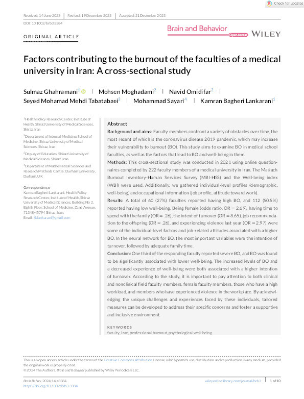 Factors contributing to the burnout of the faculties of a medical university in Iran: A cross‐sectional study Thumbnail