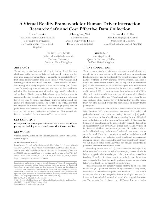 A Virtual Reality Framework for Human-Driver Interaction Research: Safe and Cost-Effective Data Collection Thumbnail