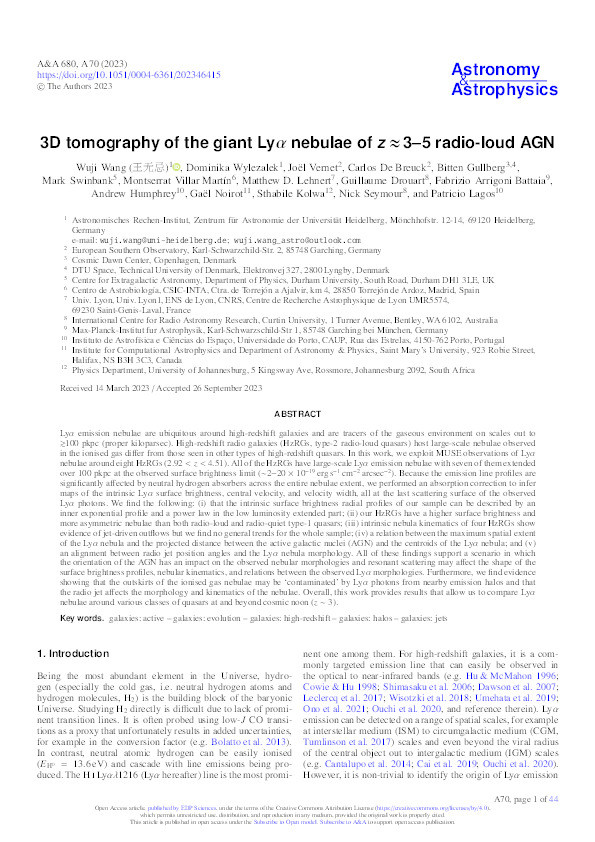 3D tomography of the giant Lyα nebulae of z ≈ 3–5 radio-loud AGN Thumbnail