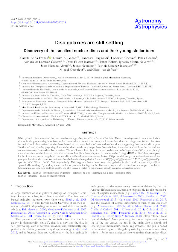 Disc galaxies are still settling: Discovery of the smallest nuclear discs and their young stellar bars Thumbnail