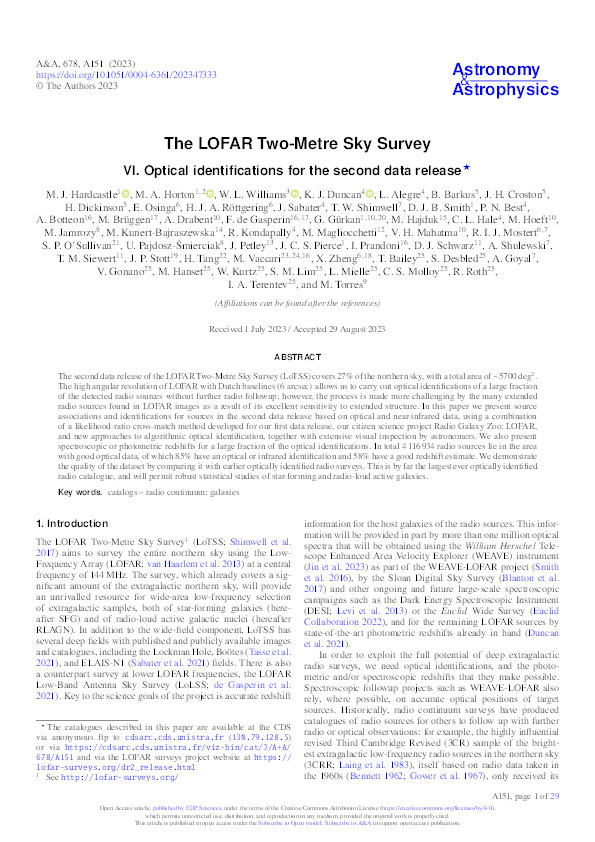 The LOFAR Two-Metre Sky Survey: VI. Optical identifications for the second data release Thumbnail