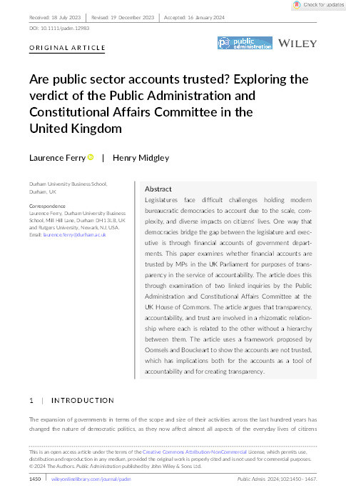 Are public sector accounts trusted? Exploring the verdict of the Public Administration and Constitutional Affairs Committee in the United Kingdom Thumbnail