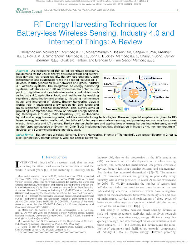 RF Energy Harvesting Techniques for Battery-less Wireless Sensing, Industry 4.0 and Internet of Things: A Review Thumbnail
