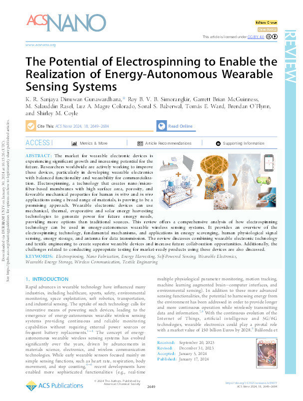 The Potential of Electrospinning to Enable the Realization of Energy-Autonomous Wearable Sensing Systems Thumbnail