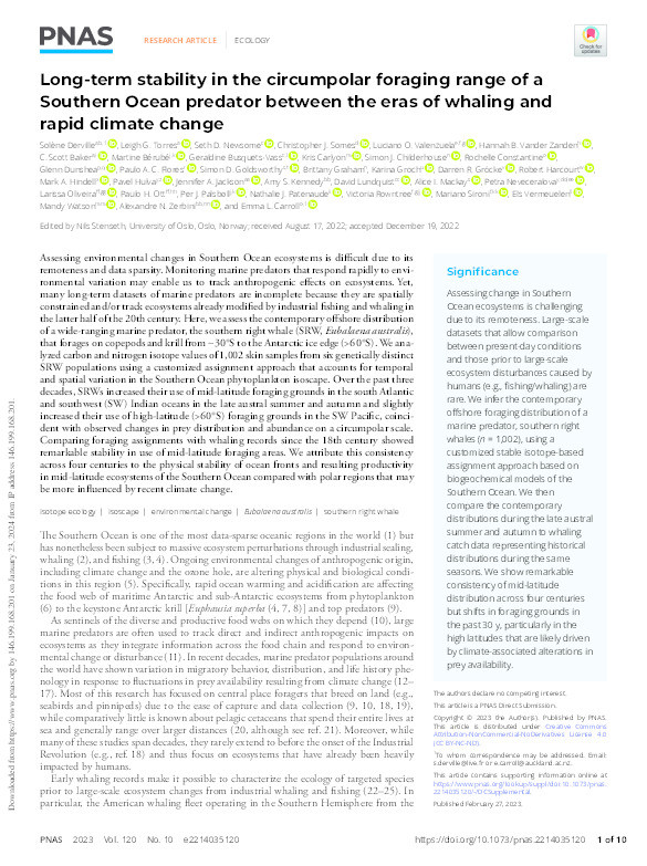 Long-term stability in the circumpolar foraging range of a Southern Ocean predator between the eras of whaling and rapid climate change Thumbnail