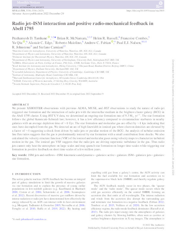 Radio jet–ISM interaction and positive radio-mechanical feedback in Abell 1795 Thumbnail