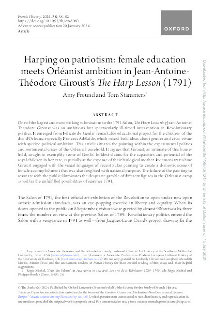 Harping on patriotism: female education meets Orléanist ambition in Jean-Antoine-Théodore Giroust’s The Harp Lesson (1791) Thumbnail