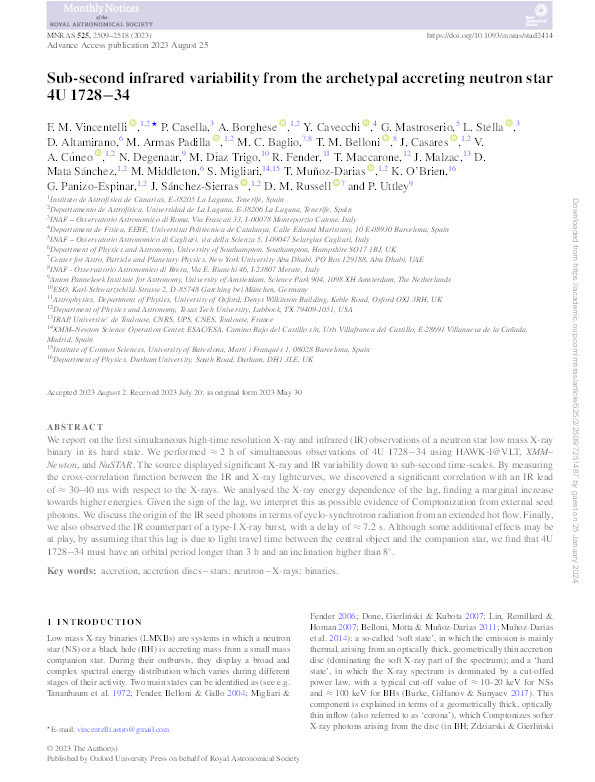 Sub-second infrared variability from the archetypal accreting neutron star 4U 1728−34 Thumbnail