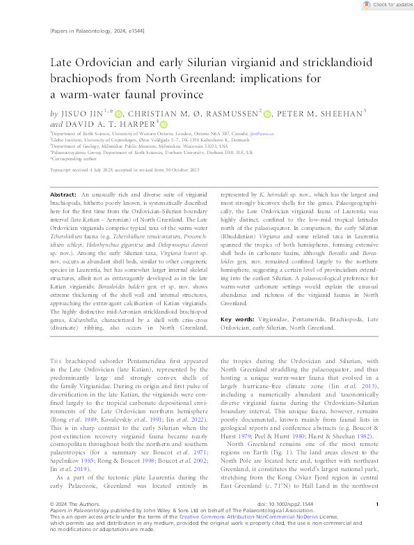 Late Ordovician and early Silurian virgianid and stricklandioid brachiopods from North Greenland: implications for a warm‐water faunal province Thumbnail